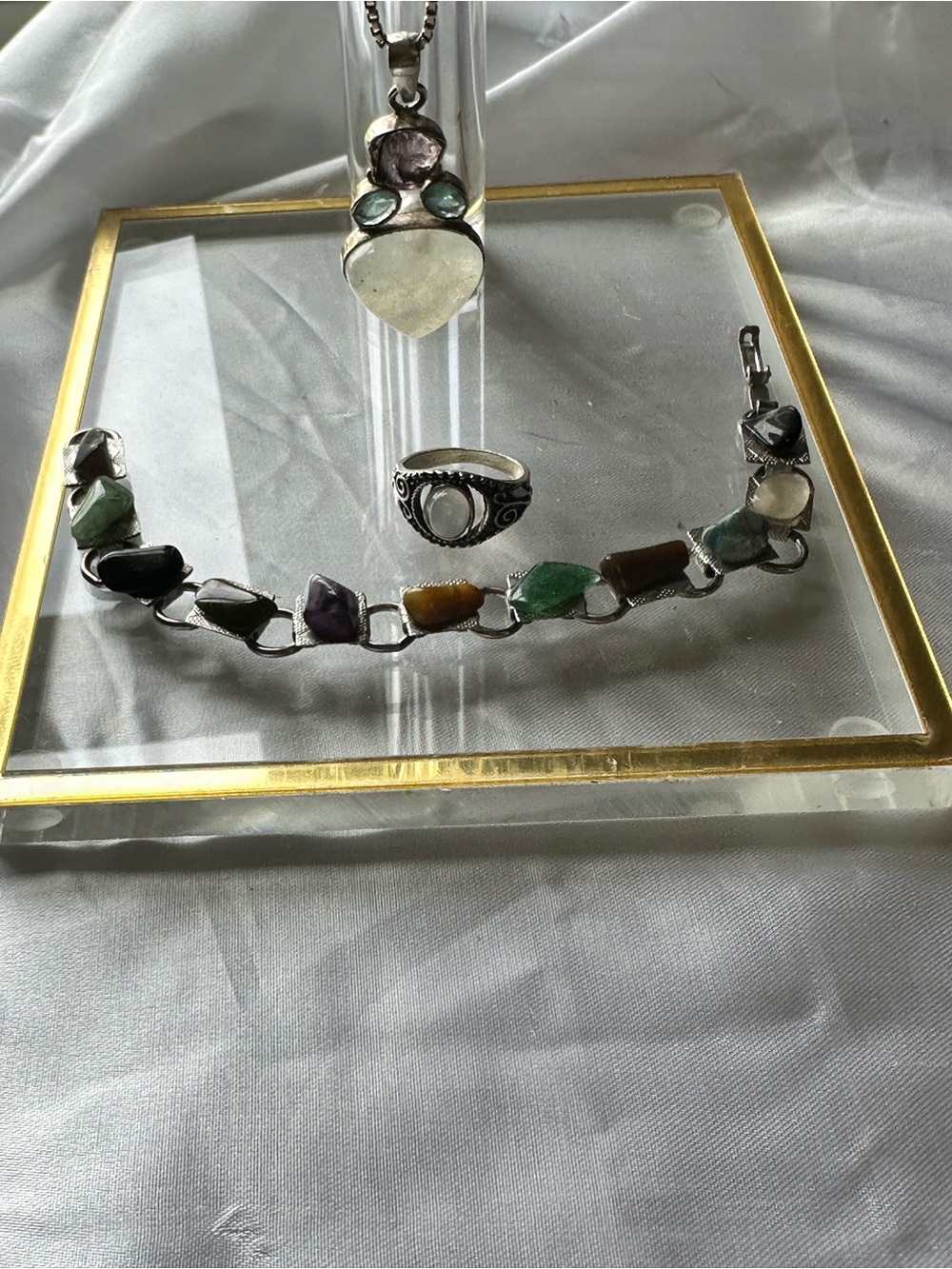 Multi-Gemstone Sterling Silver Necklace — Green,Purple,Brown & Black Stones Set